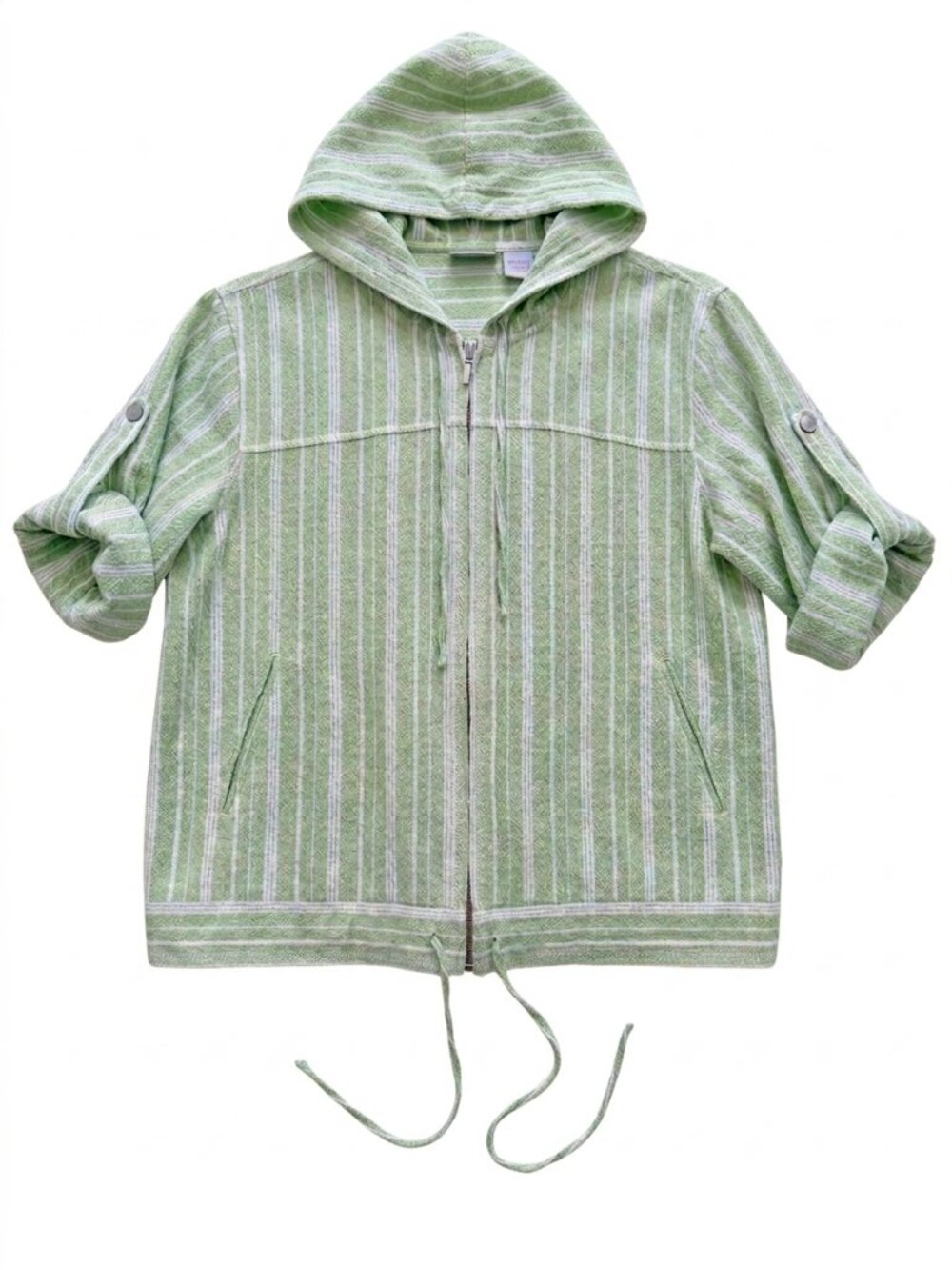 Chico’s Green White Vertical Stripe Full Zip Hoodie Roll Tab Size 1 M